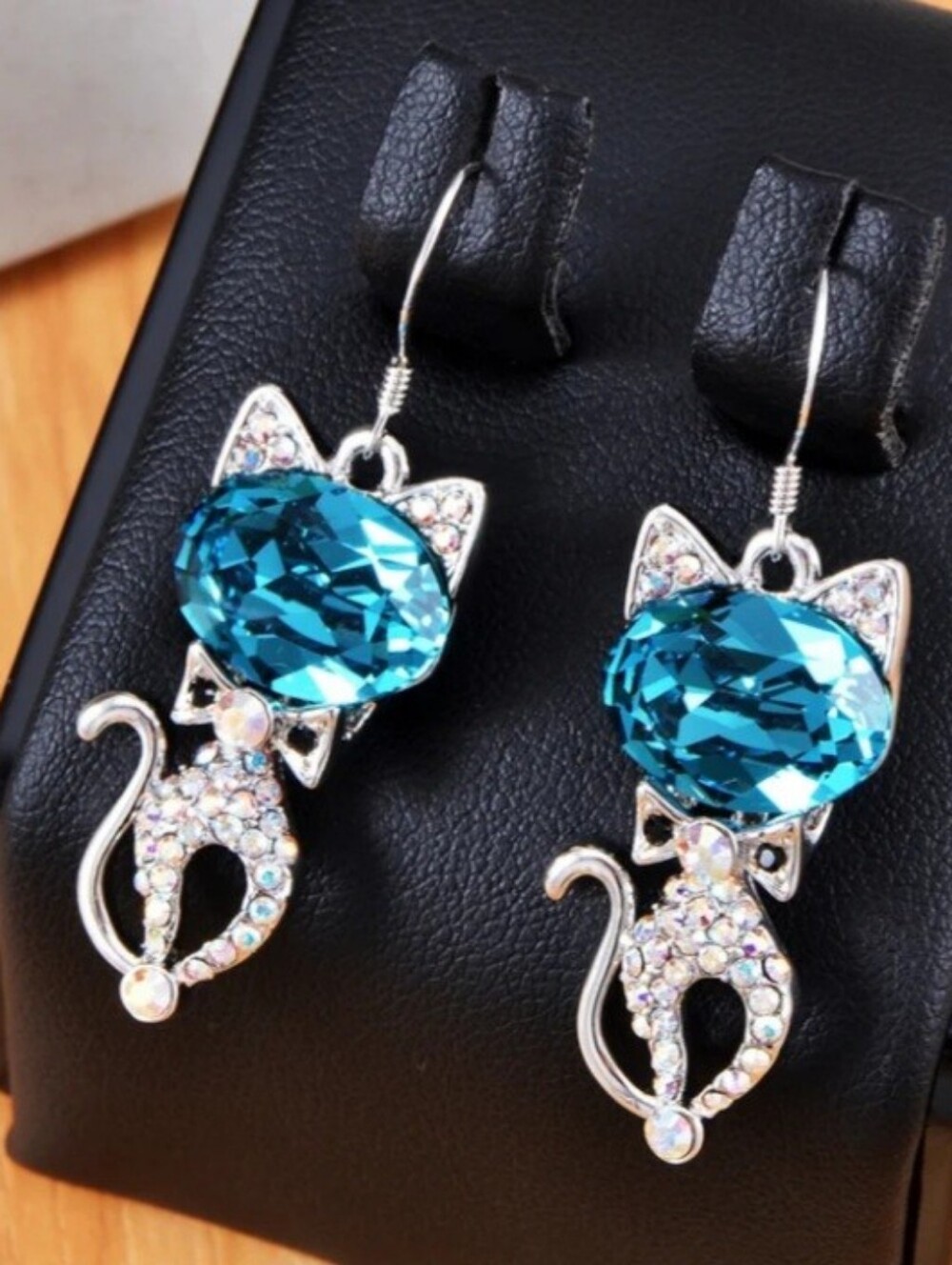 Crystal Cat Dangle Earrings in Blue